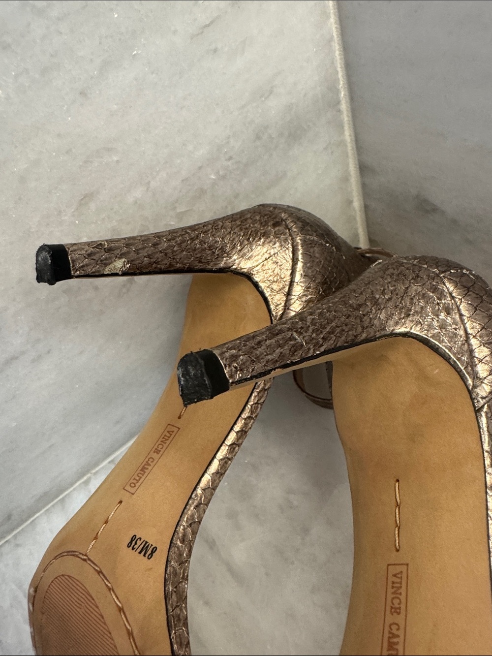 Vince Camuto  Metallic Bronze Gold Strappy Open-Toe Heels 8 - Picture 5 of 11